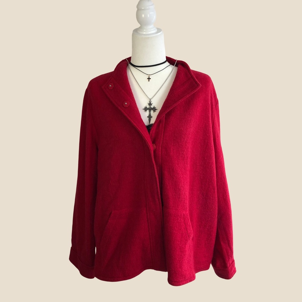Chicos Cherry Red Boiled Wool Sweater Jacket Womens XL (16) Size 3 Mock Neck